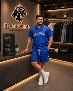 REXFIT SPORTS 2026 Conjunto Deportivo Personalizado para Hombre, Camiseta Azul Premium de Nailon con Media Cremallera y Pantalones Cortos, Ropa Deportiva Transpirable - Product Image 5