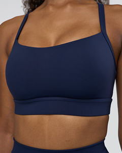 Women's Navy Blue Seamless Yoga Legging Spaghetti Strap Scoop <b>Neck</b> <b>Light</b> Support Solid Color Breathable Front Logo Activewear - Product Image 5