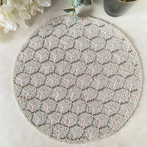 Handmade beaded <b>placemat</b>, <b>table</b> decoration, white and gold beaded tablemat By Blossom Craft India - Product Image 1