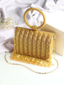<b>Gold</b> Handcrafted Beaded <b>Evening</b> <b>Bag</b> Crystal Tassel Clutch Purse With Chain Strap - Product Image 1