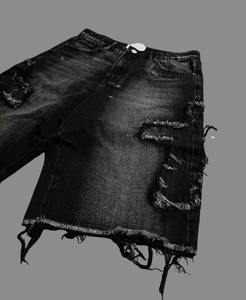 Shorts cargo en denim épais 100% coton, style urbain, taille mi-haute, deux couleurs, avec bordure patchwork effet usé - Product Image 3