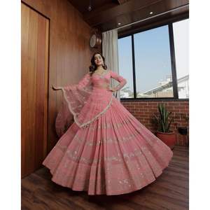 SEQUENCE DE BRODERIE GEORGETTE À LA MODE TRAVAIL LEHENGA CHOLI AVEC DUPATTA ROSE - Product Image 1