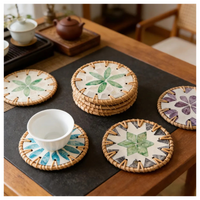 Ensemble de sous-verres en rotin naturel faits à la main avec incrustation de coquillages en résine, antidérapants, écologiques, épaisseur 8 mm, style bohème de luxe, pour thé et café