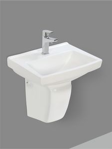 Lavabo de Pared con Pedestal Parcial Dell, Lavabo Cuadrado de Cerámica para Baño, Blanco Brillante, Diseño que Ahorra Espacio - Product Image 3