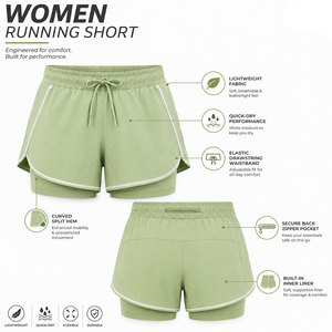 <b>Women</b> Light Green Color 2 In 1 Shorts <b>Back</b> Zipper Pocket Curved Split Hem Design Skin Friendly Double Layer Custom Logo Shorts - Product Image 4