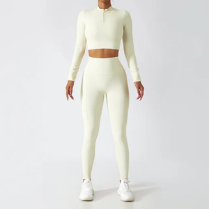 Pakistan Manufacture <b>Women</b> Yoga Set Half Outdoor Use Spandex/Nylon Solid Front Elastic Waist Breathable Lightweight 2 Piece Set - Product Image 6