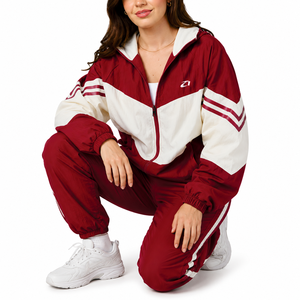 Women’s Retro Color Block Red <b>White</b> Nylon Windbreaker Tracksuit Wholesale Custom Lightweight Athletic Men's <b>Jackets</b> Set Supplier - Product Image 3