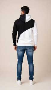 Men's Black <b>White</b> Color Block Hoodie Casual Pullover <b>Sweatshirt</b> With Front Pocket - Product Image 2