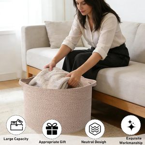 65L <b>Large</b> Woven Cotton Rope Nursery <b>Basket</b>, Laundry <b>Basket</b> Laundry Hamper with Handles,Blanket <b>Basket</b> - Product Image 2