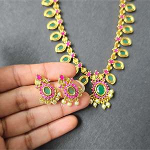 Palakka Mala Gold Plated Designer Zircon Pearl Necklace and Earring Set for Wedding - Product Image 3