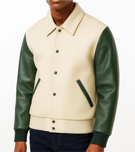 <b>Men's</b> <b>Cream</b> Varsity <b>Jacket</b> With Green Leather Sleeves Turn-down Collar Button Closure Casual Autumn Wear - Product Image 2