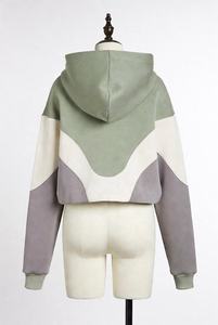 Custom Women Color Block Cropped Hoodie Zip Up <b>Patchwork</b> Sweatshirt Streetwear Sage Green Casual Long Sleeve Hooded Jacket <b>Tops</b> - Product Image 3