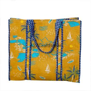 กระเป๋าผ้าฝ้ายเย็บมือลายทางพิมพ์ลายบล็อกอินเดีย หูหิ้วยาว สำหรับผู้หญิง เหมาะสำหรับใส่ของชำและช้อปปิ้ง - Product Image 5