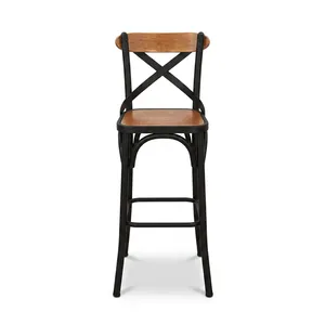Modern Wooden Bar <b>Stool</b> Backrest and <b>Seat</b> Close Up with Black Metal Frame Premium Wood Grain Industrial Furniture Design - Product Image 2