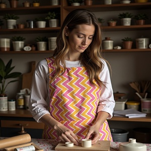 Delantal de algodón en zigzag amarillo y rosa para todos los días para mujer con estampado moderno de tela suave y diseño atento para cocinar arte - Product Image 5