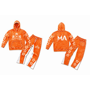 Conjunto de chándal con capucha en lavado ácido naranja con estrellas blancas y pantalones largos con cordón de 350 gsm, 100% algodón, estilo urbano. - Product Image 3