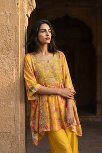 Conjunto de Kaftán y Pantalones Palazzo para Mujer, en Crepé Natural Pesado con Estampado Digital - Product Image 2