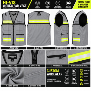 Chaleco de Trabajo Reflectante de Alta Visibilidad para Hombre con Logotipo Personalizado, Múltiples Bolsillos y Franjas de Seguridad - Product Image 6