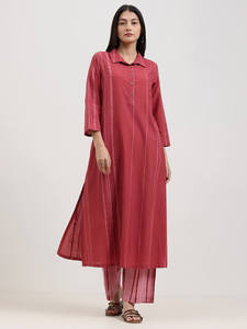 Robe maxi rayée à col polo, manches trois quarts, coupe ample, en coton et fibre de bambou, décontractée, pour tous les jours, respirante, tissu tissé - Product Image 2