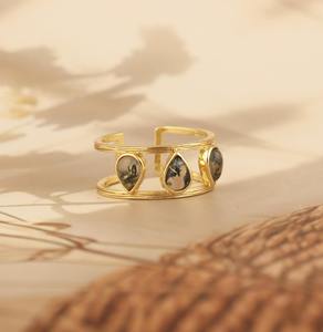 Anillo ajustable de ágata musgosa chapado en oro, de banda ancha, a la moda, con piedra natural, de latón, abierto, colección de joyería unisex. - Product Image 3