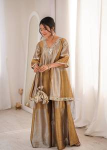 Gold Beige Modern Ethnic Co-Ord Set Women Embroidered Flared Kurta with Wide Palazzo Pants Designer Party Wear - Product Image 3
