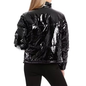 Women's Black PU Coated Quilted Jacket Full Sleeve <b>Stand</b> Collar Zipper Closure Winter Short Style - Product Image 5