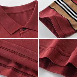Men's Striped Short Sleeve <b>Polo</b> Shirt Knitted Casual Regular Fit Red with Beige and <b>White</b> Stripes - Product Image 3