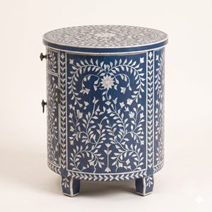 Table de chevet ronde bleu marine en nacre personnalisée avec 1 tiroir, incrustation florale, meuble artisanal, décoration de meubles - Product Image 4
