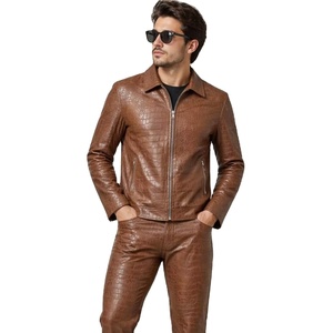 Costume en cuir de vachette véritable gaufré crocodile marron fait main - Veste en cuir véritable pour homme, best-seller, toutes tailles - Product Image 1