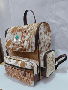 Mochila de Cuero con Pelo de Vaca Vintage, Mochila de Viaje, Mochila Geométrica con Grabado, Mochila de Estilo Bohemio Occidental, Bolsa de Pañales para Hombres y Mujeres - Product Image 1