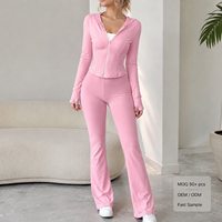 Ensemble survêtement athleisure 2 pièces rose pour femme : veste zippée slim et pantalon évasé – Fournisseur OEM personnalisé