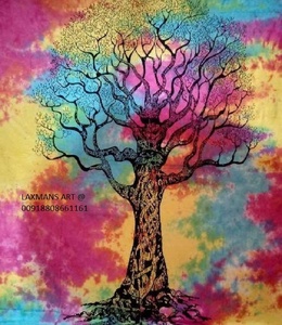 ผ้าปูเตียงผ้าฝ้ายพิมพ์ลายช้างต้นไม้แห่งชีวิตพรมแขวนผนังผนังผนังจากอินเดีย - Product Image 1