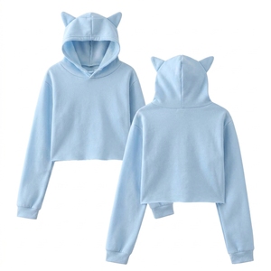 เสื้อฮู้ดครอปสีเทาสำหรับผู้หญิง แต่งหูน่ารัก ระบายอากาศได้ดี ซับในนุ่ม ผ้าฝ้าย ทรงสั้น สไตล์สตรีทแวร์ - Product Image 4