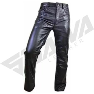 Pantalon Moto Homme SALVA LEATHER en Cuir Noir Enduit Respirant, Coupe Droite Taille Moyenne, Braguette Zippée, Hiver Décontracté Mi-Épais avec Rivets - Product Image 3