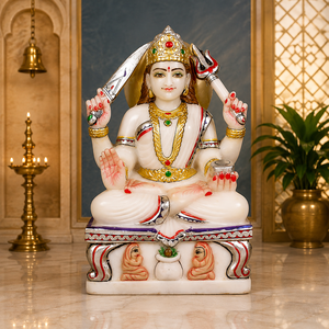 Beautiful Marble Santoshi Mata Murti with Four Arms, Trident, Sword, Sacred Pot & Golden Crown – Maliyas - Product Image 1