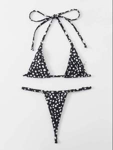 Women's Dot Print Bikini Set <b>Crossed</b> Halter <b>Top</b> Thong Bottoms Stretch Swimwear - Product Image 4
