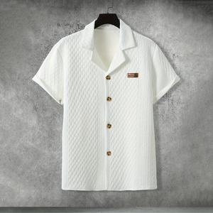 Men's White Short Sleeve Cotton Shirt Solid Color Casual Button <b>Down</b> Regular Fit Woven Fabric Breathable Design Front Logo - Product Image 1