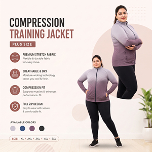 Plus Size Women's <b>Compression</b> Training Jacket Full Zip Spandex Polyester Sports Top Women Stand Collar Yoga Base Layer Jacket - Product Image 3