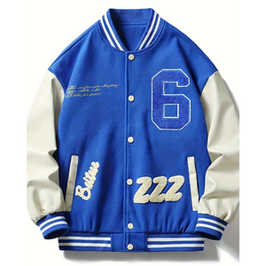 Chaqueta Varsity para Hombre 2026, Color Azul Sólido, Chaqueta Bomber con Parches, Mangas Color Crema, Estilo Urbano, Uniforme de Béisbol - Product Image 1