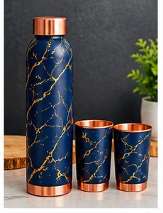 Silver Insulated <b>Water</b> <b>Bottle</b> With Copper Base And Two Hammered <b>Metal</b> Cups Portable Eco Friendly Drinkware Set - Product Image 6