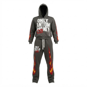 Custom Logo Unisex Flame Graphic Tracksuit 2 Piece Full Zip Hoodie Straight Leg Sweatpants Private Label Manufacturer - Product Image 1