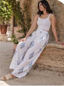 Trending Ladies <b>White</b> Blue Floral <b>Print</b> Cotton Trousers High Waist Loose Fit Wide Leg <b>Palazzo</b> Pants Summer Casual Loungewear - Product Image 6