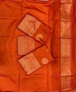 Orange Silk Saree With Gold Border Traditional Indian Wedding Wear For Women <b>Floor</b> Length Regular Fit - Product Image 6