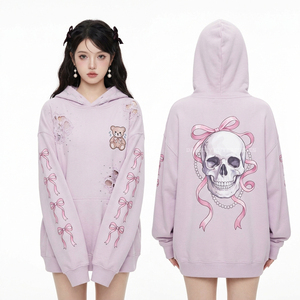 Sudadera con capucha para mujer en lavanda pastel, con lazo rosa, gráfico de calavera, bordado de oso de peluche, estilo coquette, dobladillo desgastado, tipo jersey. - Product Image 1