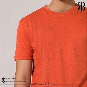 Camiseta de manga corta con cuello redondo para hombre, color naranja, tela de alta calidad, corte regular, estilo casual, color sólido, estilo tejido de algodón. - Product Image 3