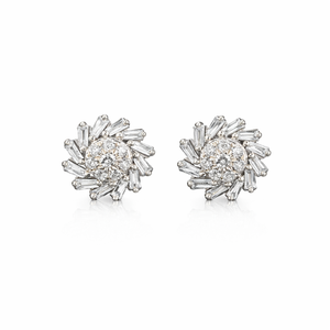 Boucles d'oreilles clous élégantes en forme de fleur pour femmes et jeunes filles en or pur 14 carats avec diamants de laboratoire taille baguette, ronds, en grappe, motif soleil et fleur - Product Image 1