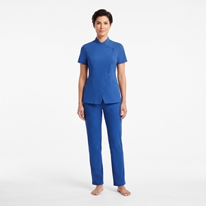 Ensemble de deux pièces d'uniforme médical pour femmes, col montant, manches courtes, haut médical à boutons latéraux avec pantalon de travail - Product Image 1