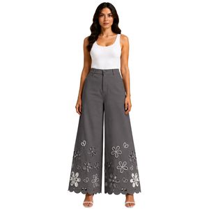Customized Gray Wide Leg Embroidered Palazzo Pants For Women Floral Cutwork High Waist Cotton Casual <b>Trousers</b> Custom OEM Apparel - Product Image 1