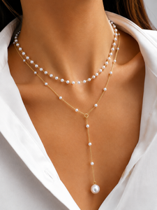 Collier ajustable en Y avec pendentif perle, ras-de-cou superposé perlé, plaqué or pour femme, idéal pour les fêtes, mariages et usage quotidien - Product Image 2