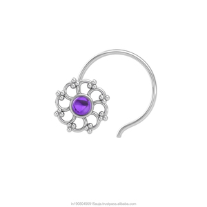 Pendiente de Nariz con Amatista Redonda en Plata de Ley 925, Estilo Indio, para Mujeres y Niñas - Product Image 1